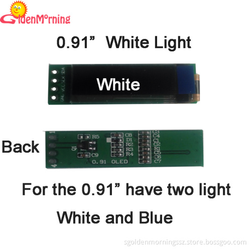 0.91" OLED display module, 128 x 32 px resolution, white characters in black background